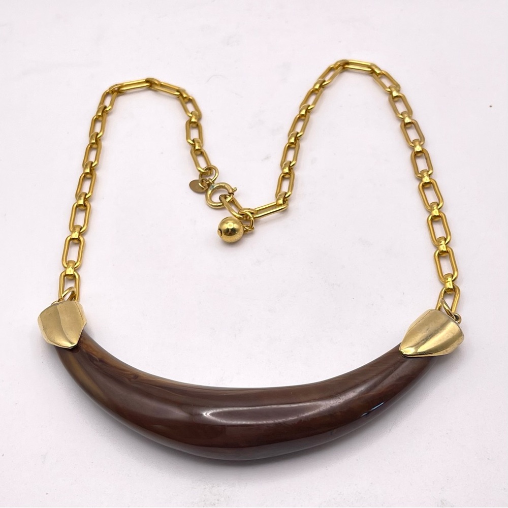Vintage Signed Celebrity NY Brown Lucite Horn Bib Necklace Gold Tone Accents - Picture 7 of 14